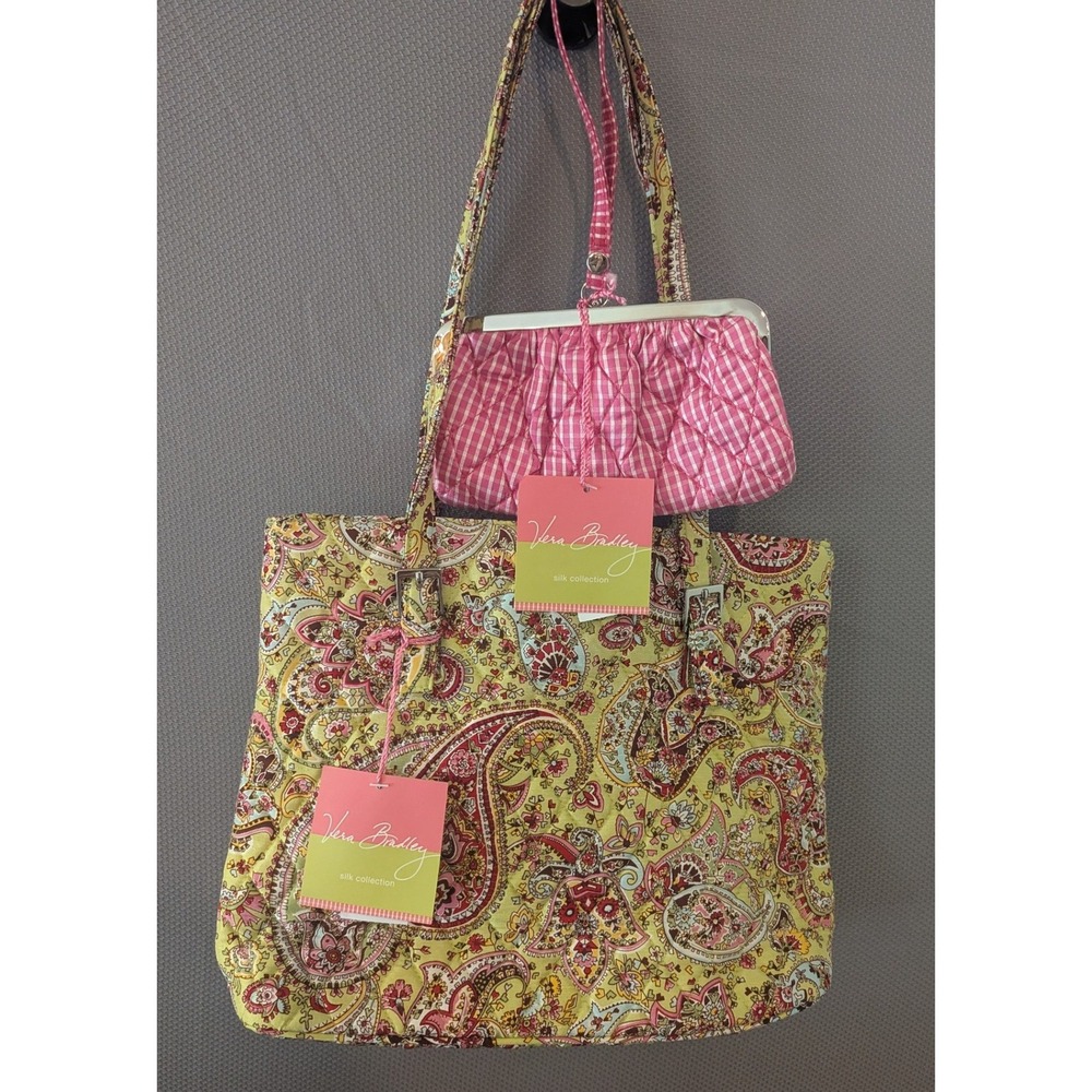 NWT Vera Bradley Silk Collection Paisley Tote Bag and Gingham Wristlet Set